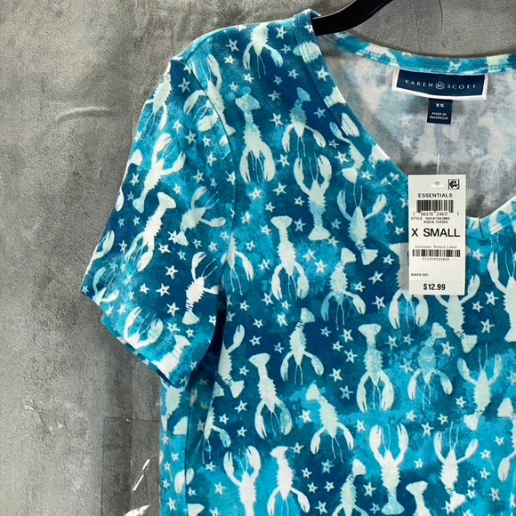 Karen Scott Women's Aqua Oasis Lobster Love Printed V-Neck Short-Sleeve Top SZXS - Picture 3 of 11